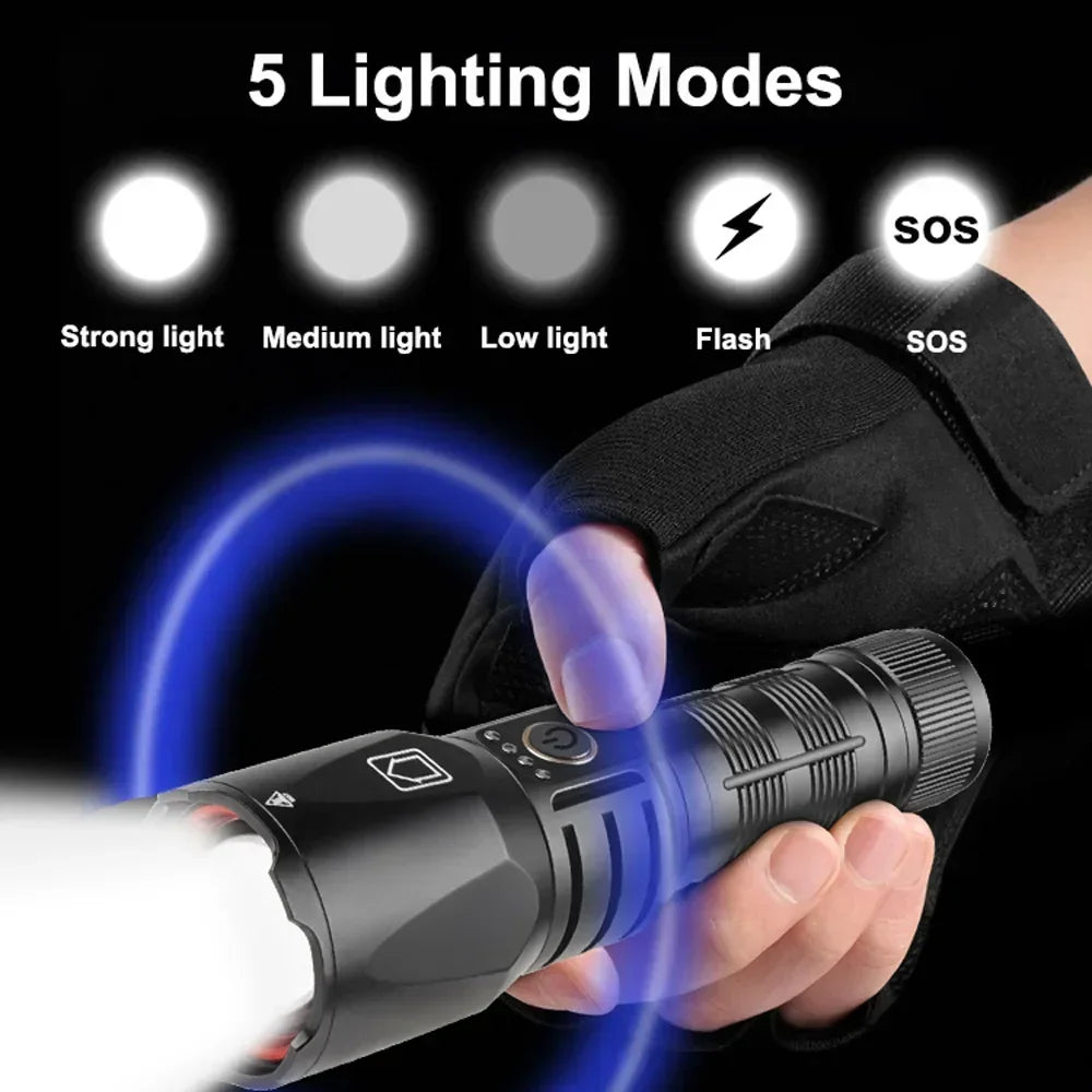 Besjaar zaklamp led oplaadbaar met 5200mAh Batterij - 7800 Lumen - USB-C Oplaadbaar - Waterproof IP65