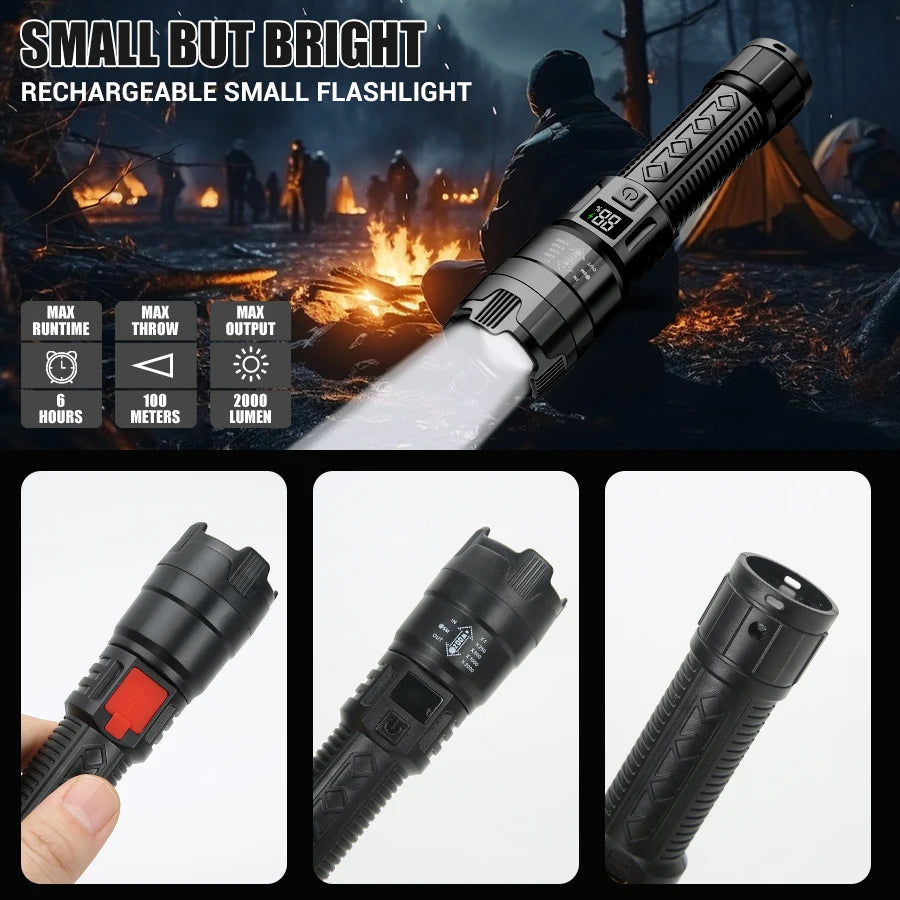 Besjaar zaklamp led oplaadbaar met 2000mAh Batterij - 2500Lumen - USB-C Oplaadbaar - Waterproof IP65