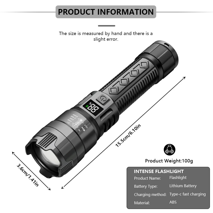 Besjaar zaklamp led oplaadbaar met 2000mAh Batterij - 2500Lumen - USB-C Oplaadbaar - Waterproof IP65