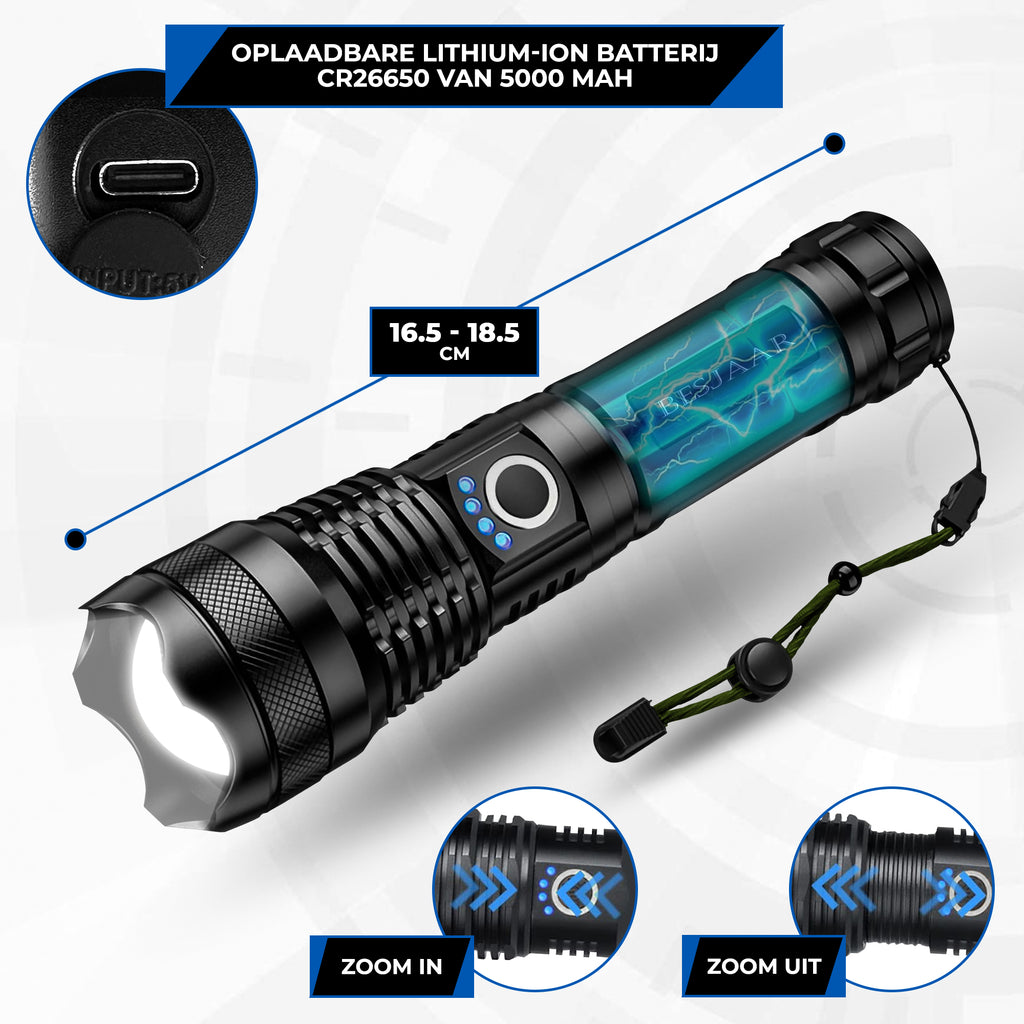 Besjaar zaklamp led oplaadbaar met 5200mAh Batterij - 4000 Lumen - USB-C Oplaadbaar - Waterproof IP65