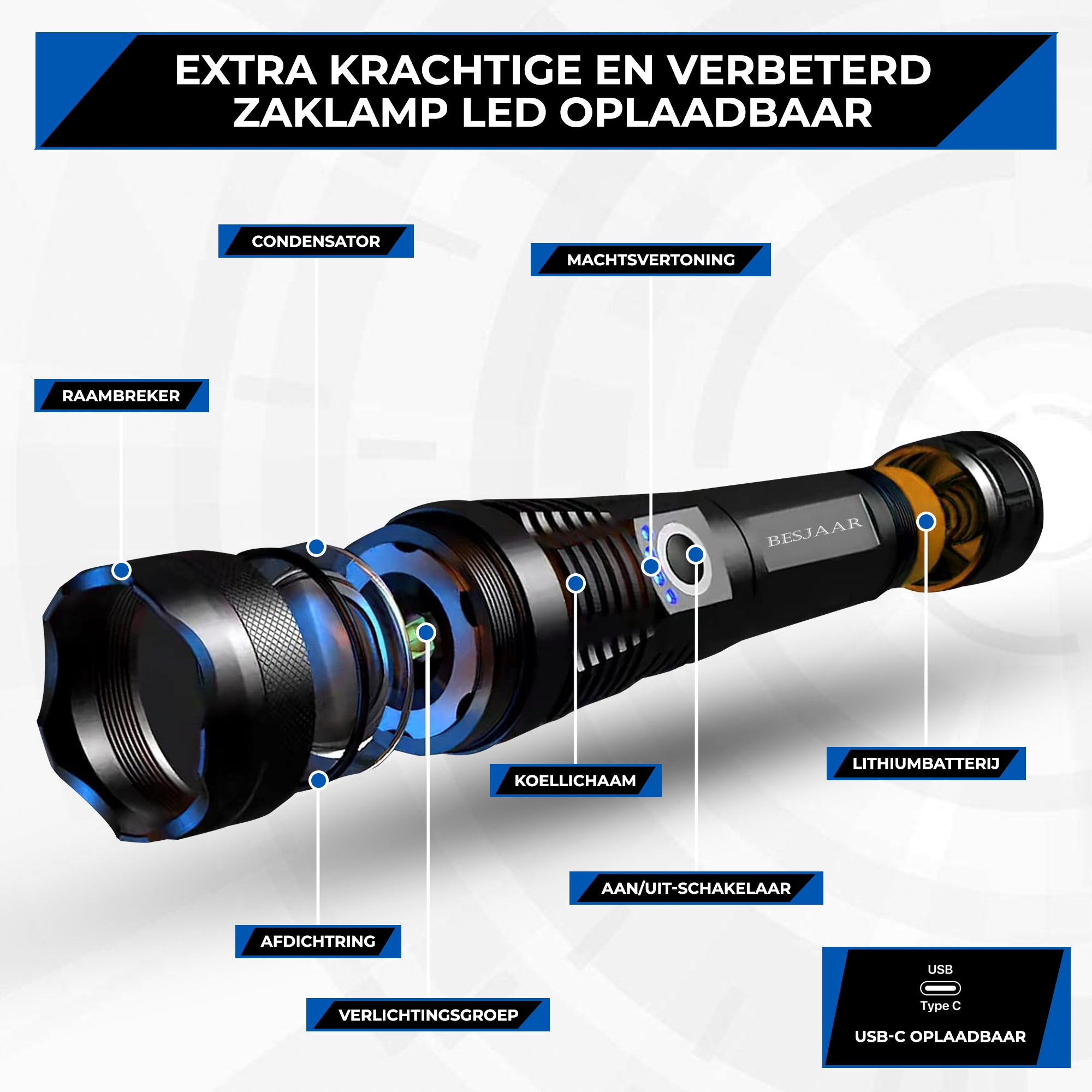 Besjaar zaklamp led oplaadbaar met 2x 5000mAh Batterij - 5000 Lumen - USB-C Oplaadbaar - Waterproof IP65